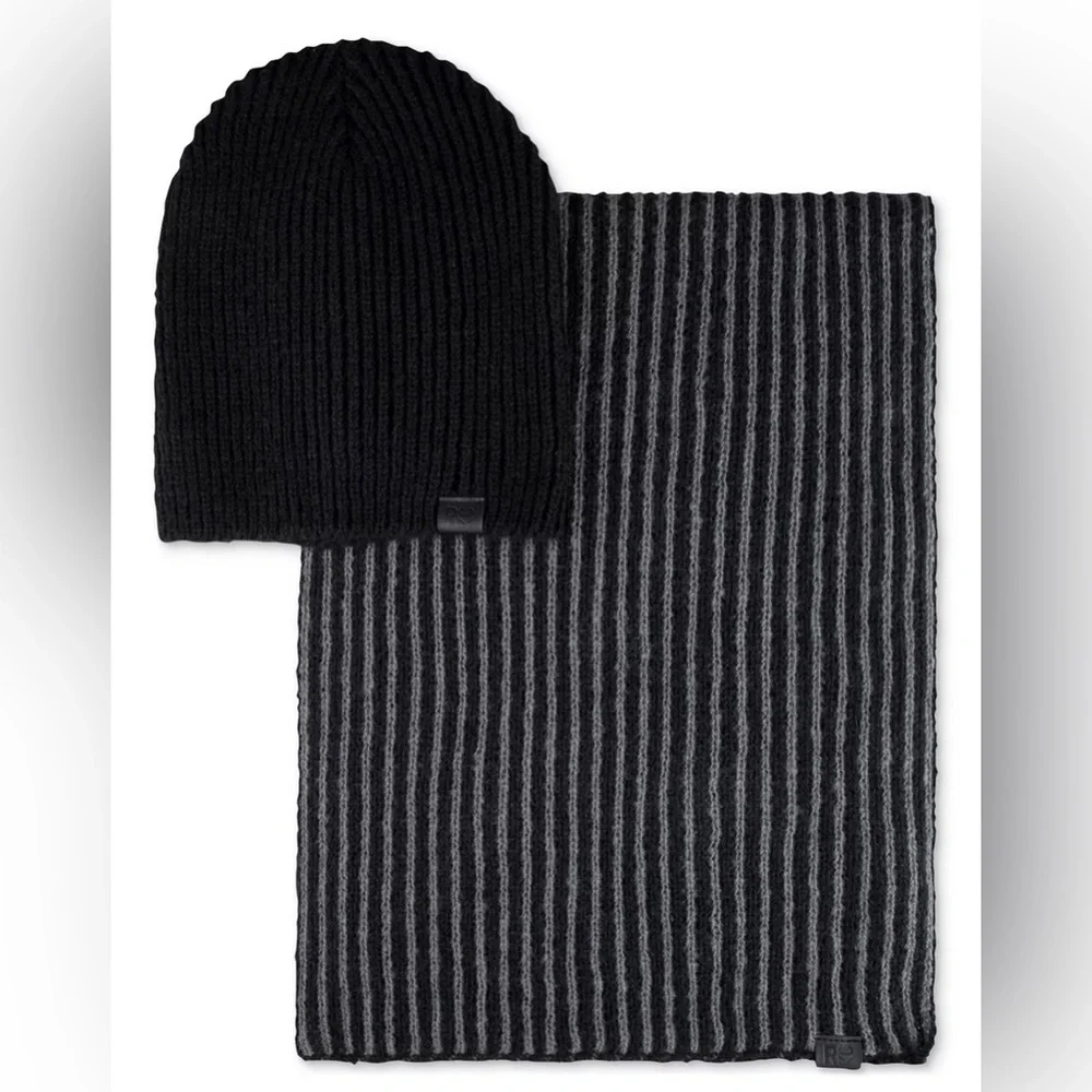 Kenneth Cole Reaction Men's Beanie and Scarf 2 pc Set Black / Gray NWT